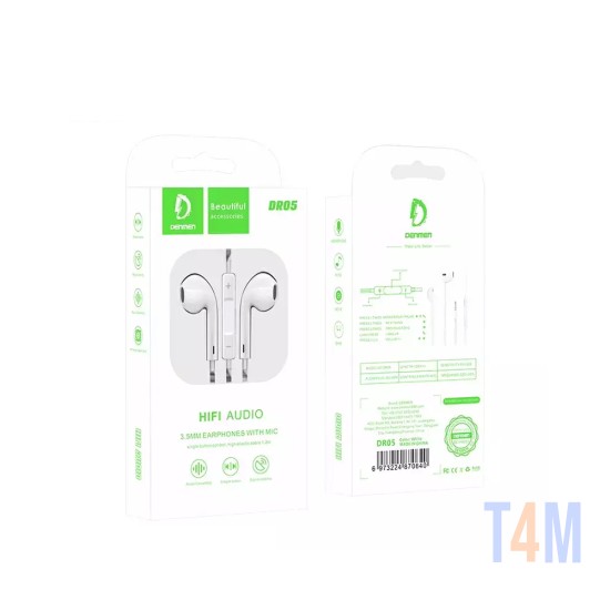 Denmen DR05 Universal Earphones with Mic and Single Button Control 1.2m 3.5mm White